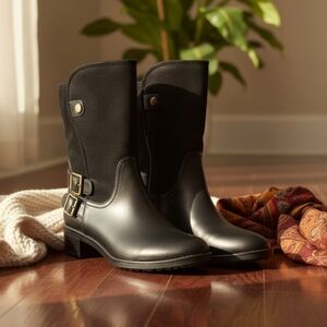 Naturalizer Black Heeled Boots with Gold Accents